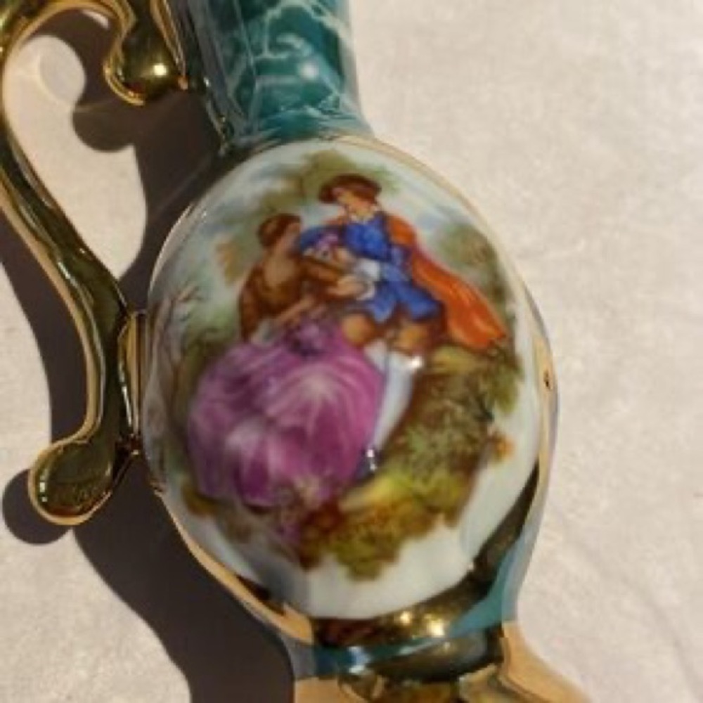Teal and Gold Porcelain Decorative Ewer with Romantic Scene - Picture 2 of 5